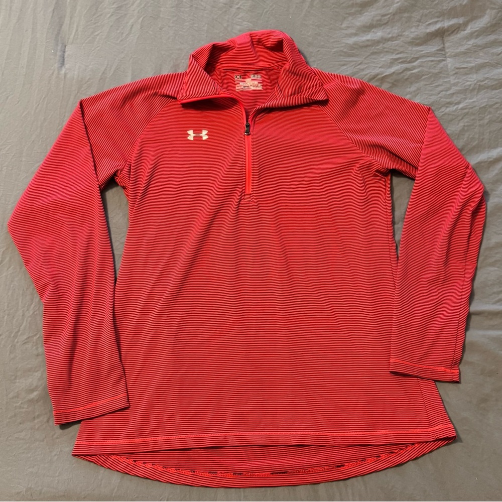 UNDER ARMOUR Pullover Womens Med. HeatGear Coral Striped 1/4 Zip Workout
